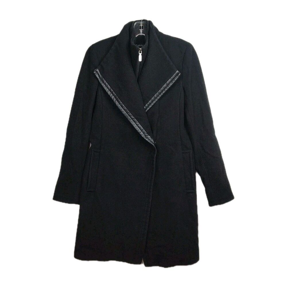 Calvin‎ Klein Wool-Blend Mid-Length Coat Women's 6 Black Zip-Up Snap-Up Pockets